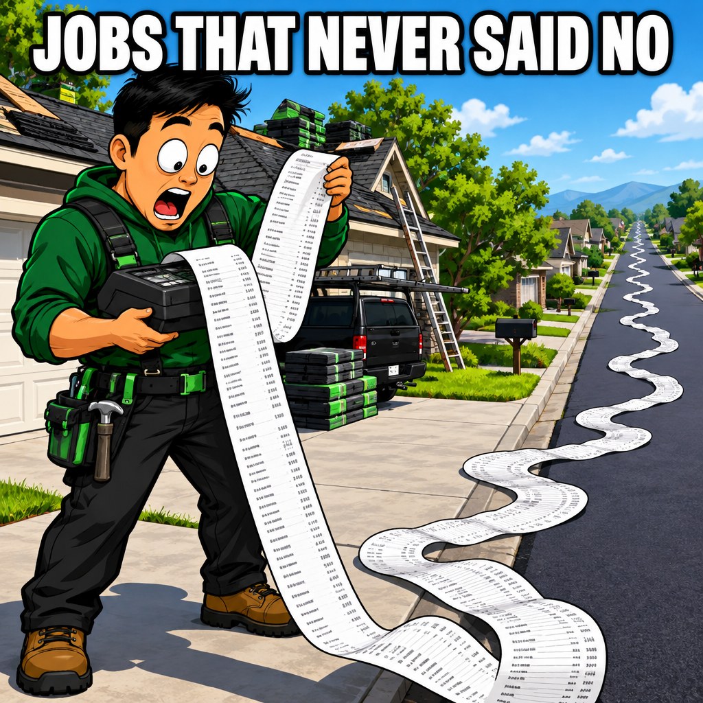 A cartoon roofer staring at a very long receipt that says 'jobs you never heard back from'