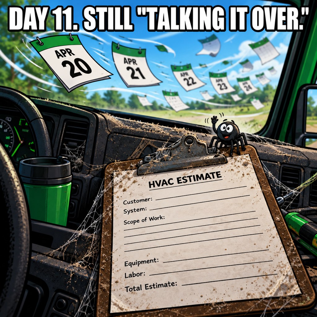 A cartoon HVAC tech's estimate clipboard gathering dust and cobwebs on a truck dashboard