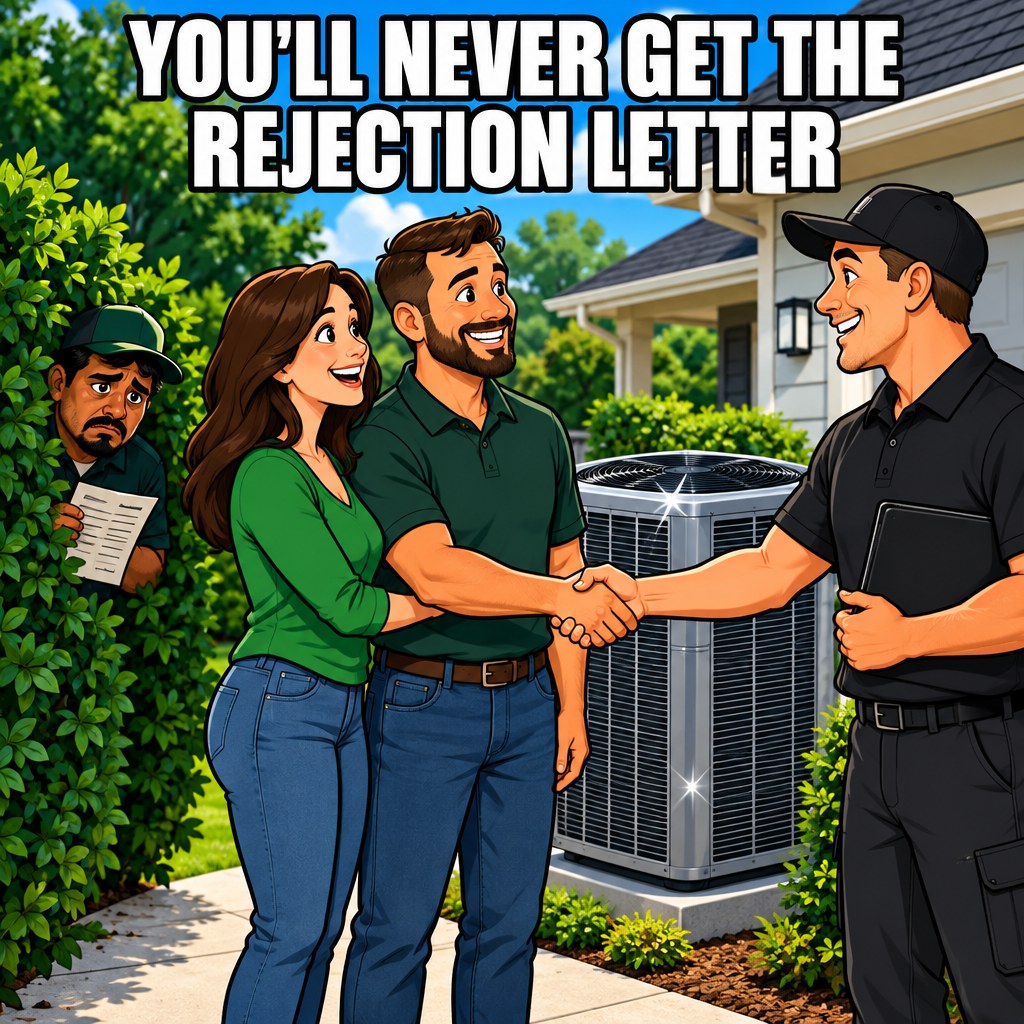 A cartoon homeowner happily shaking hands with a rival contractor while the original tech watches through a window