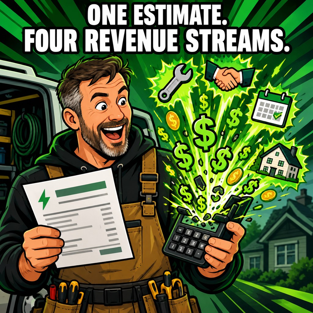 A cartoon electrician calculator exploding with dollar signs while he holds a single estimate