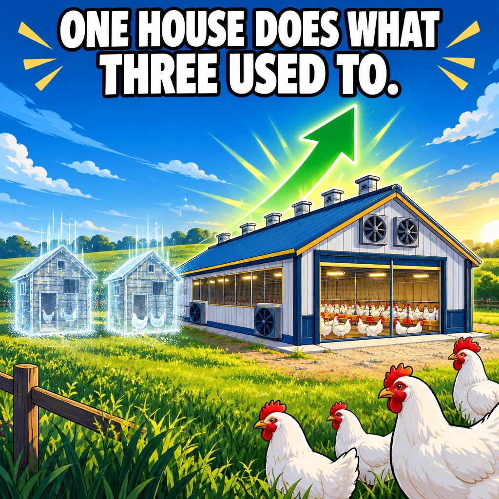 A single modern chicken house standing where three older, smaller chicken houses used to be, faint ghostly outlines of the two missing houses still visible on the ground, a small productivity arrow trending upward above the remaining house