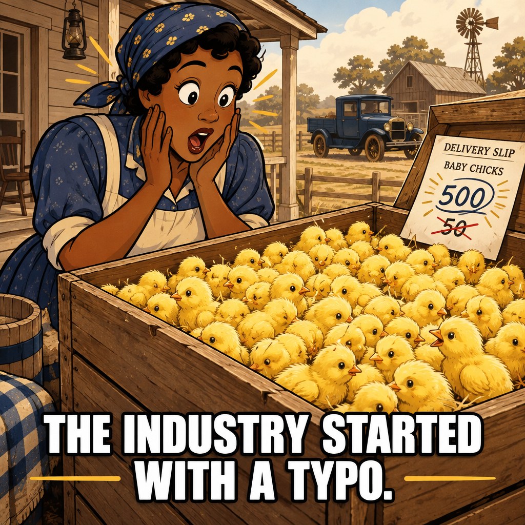 A sepia-toned 1923 farmhouse scene with a surprised farmer character staring into an oversized delivery crate overflowing with baby chicks, a delivery slip visible reading 500, the number 50 crossed out beside it