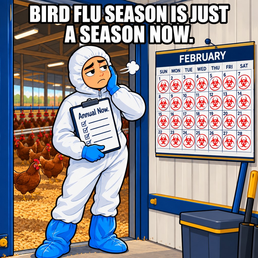 A grower character in protective biosecurity coveralls stands at the entrance of a chicken house next to a wall calendar with recurring HPAI outbreak icons circled every February, sighing while holding a checklist labeled Annual Now