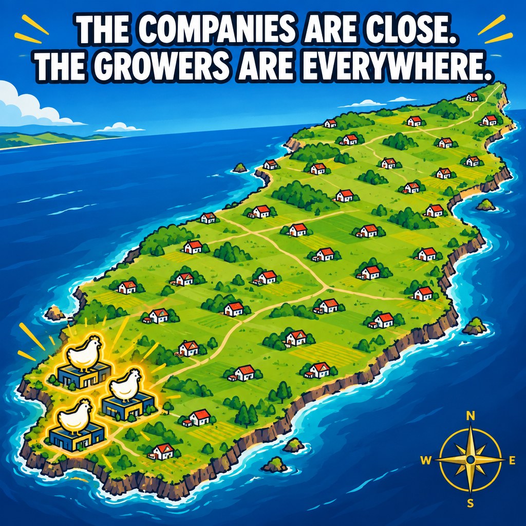 A simplified illustrated map of the Delmarva Peninsula with three glowing chicken-shaped icons representing the major companies clustered close together near the coast, tiny house icons scattered more sparsely across the rest of the peninsula