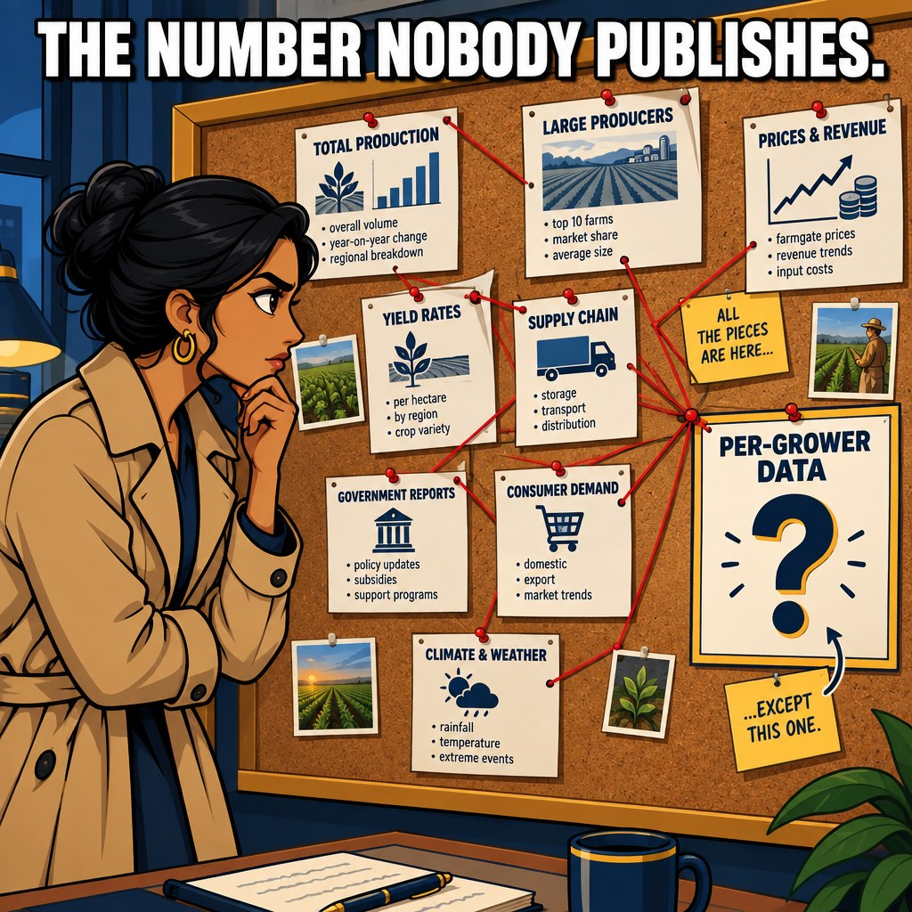A detective character examines a large corkboard covered in DCA press-release printouts and red string, one string leading to a big box labeled Per-Grower Data still completely empty