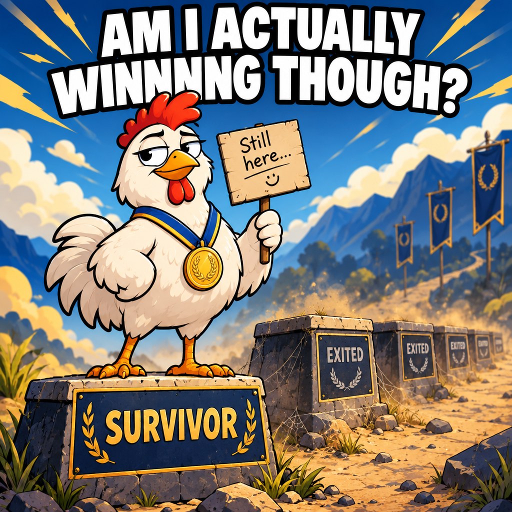 A single confident chicken character standing proudly on a small pedestal labeled Survivor while a crowd of empty pedestals labeled Exited fade into the background, the confident chicken holding a sign reading Am I Actually Winning Though