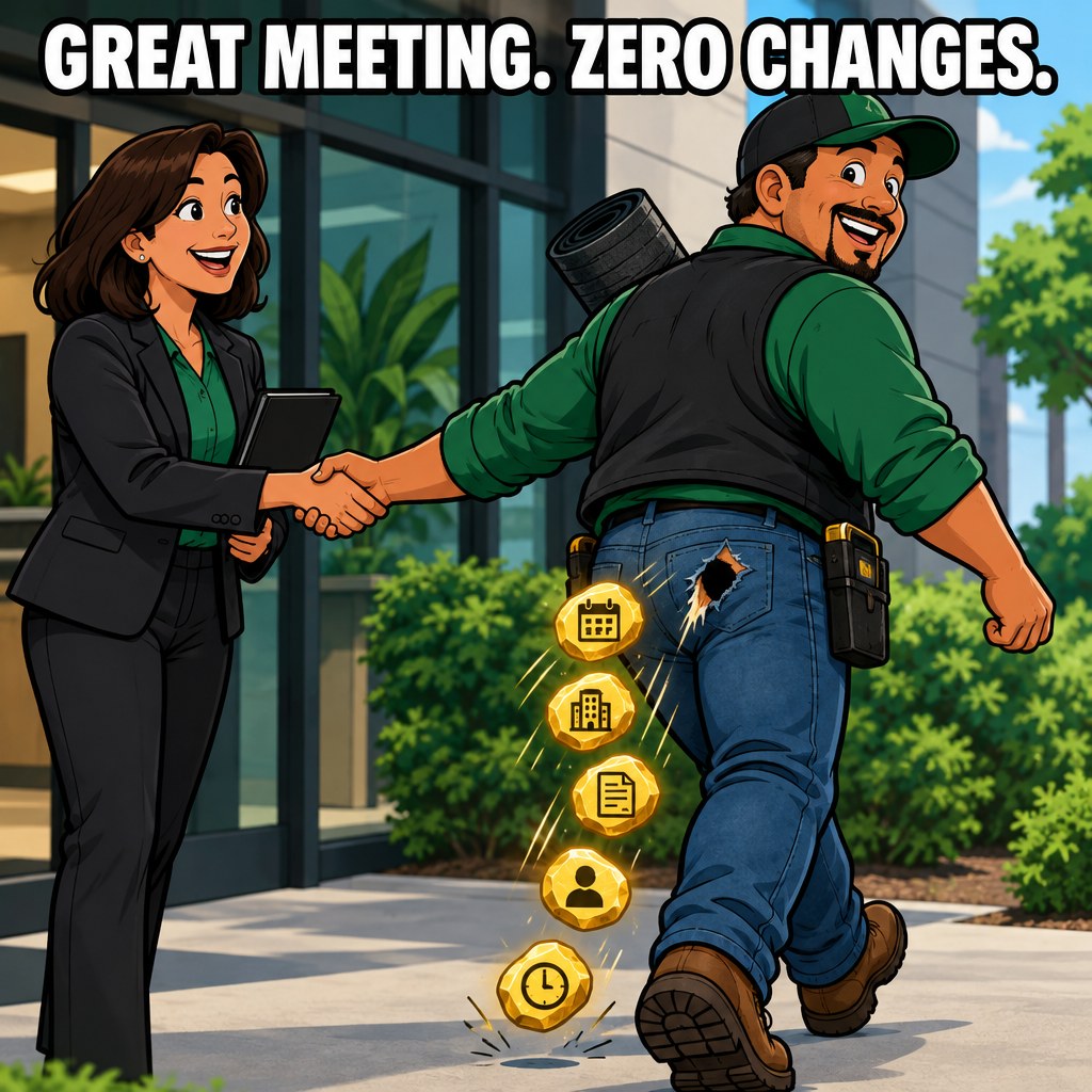 A cartoon contractor walking away from a handshake while five glowing gold nuggets of information fall out of a hole in his pocket