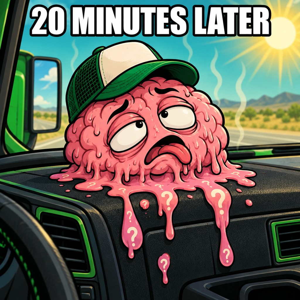 A cartoon brain melting like an ice cream cone in a hot truck cab labeled '20 minutes later'