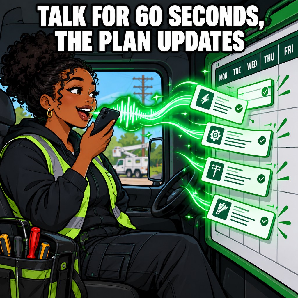 A cartoon voice-note soundwave turning into neat glowing task cards that fly onto a calendar