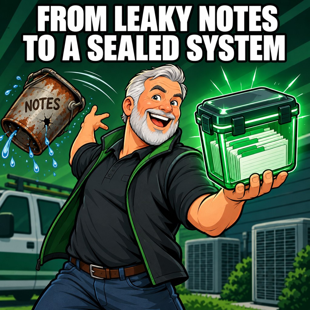 A cartoon leaky bucket labeled 'meeting notes' being replaced by a sealed glowing emerald container