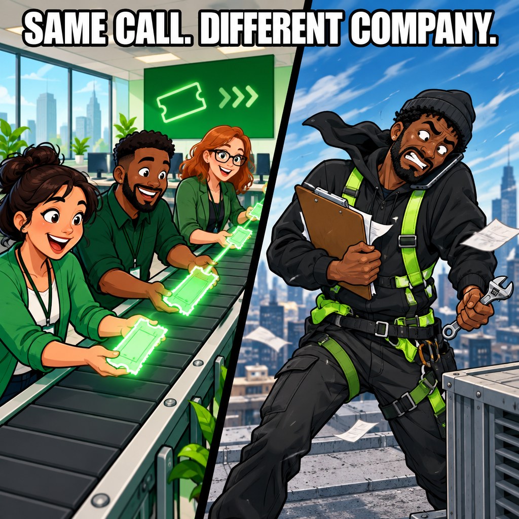 A cartoon split scene of a big office with coordinators passing a ticket along a conveyor belt, and a lone contractor on a roof juggling a phone