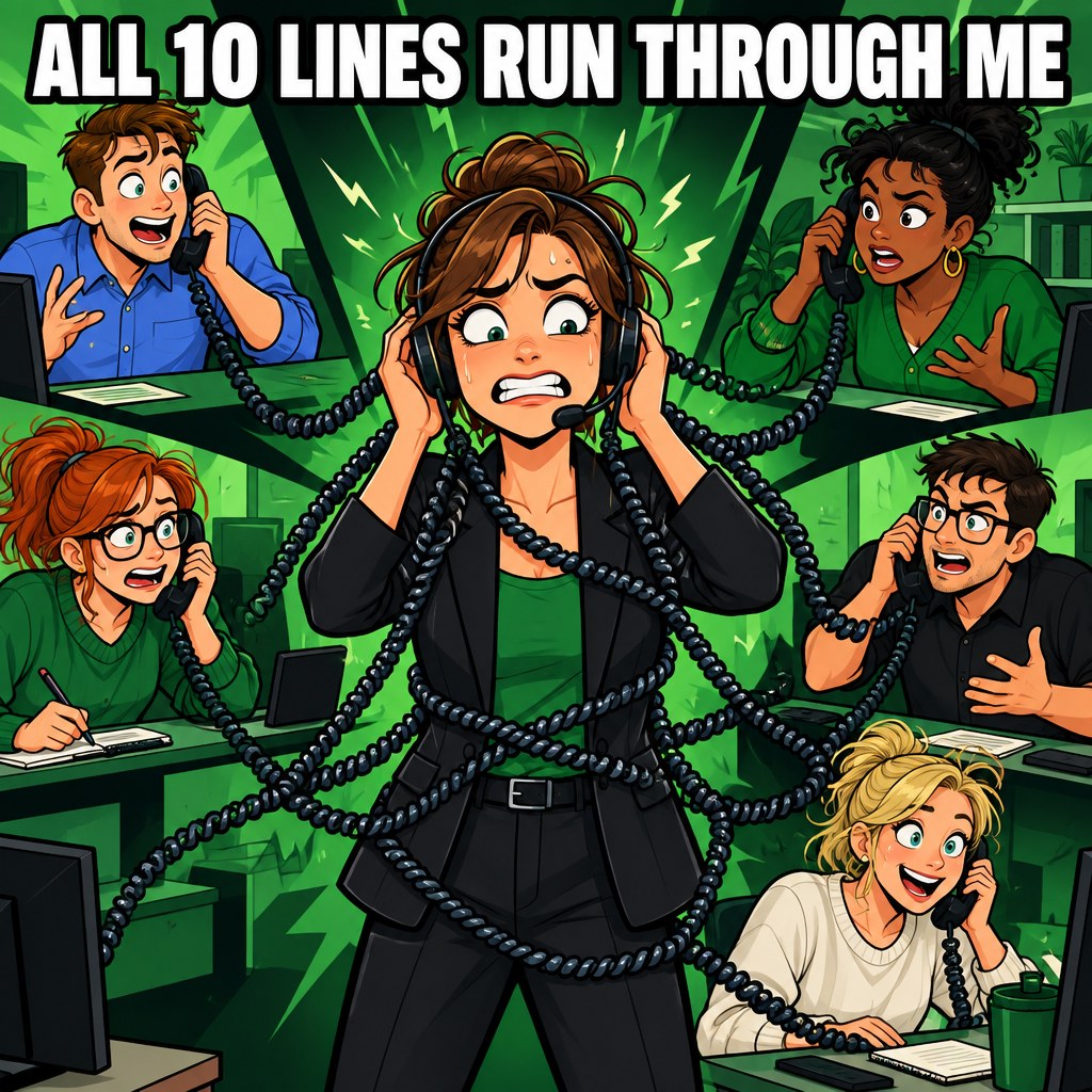 A cartoon owner standing in the middle of a spiderweb of phone lines connecting five employees, every line running through him