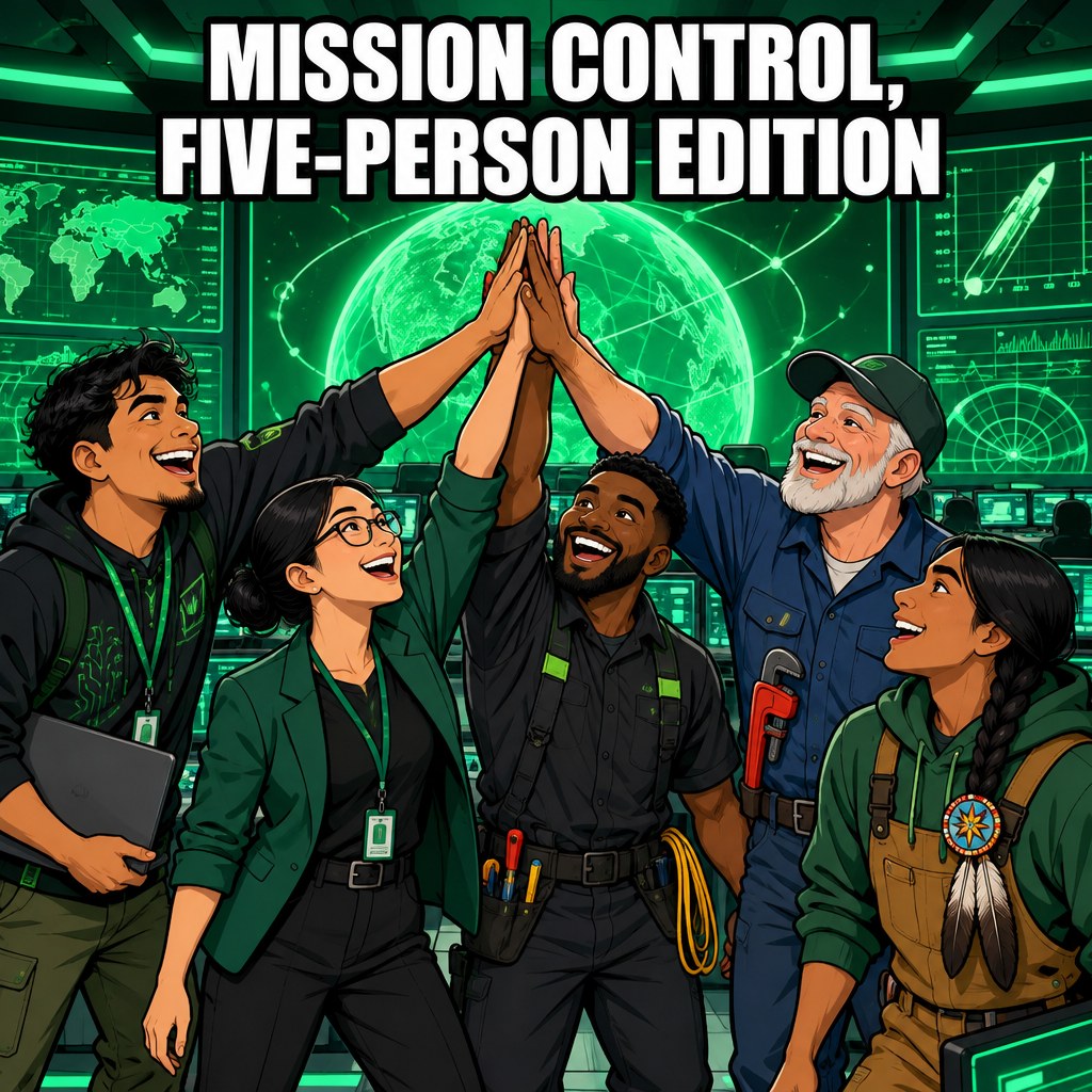 A cartoon five-person crew high-fiving in front of a glowing cockpit that looks like mission control