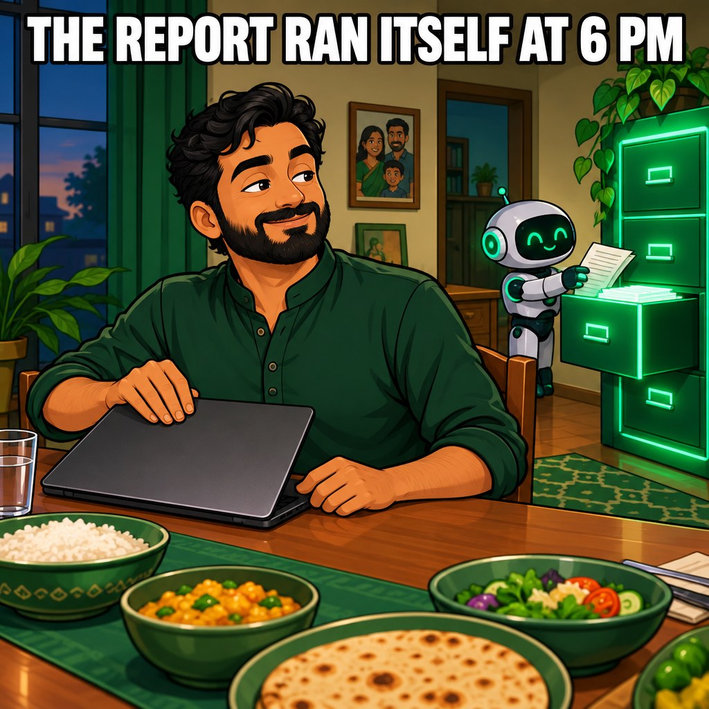 A cartoon owner closing a laptop at dinnertime while a tiny robot files papers into a glowing cabinet