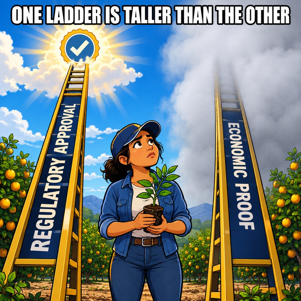 A citrus grower stands between two ladders — one labeled "Regulatory Approval" reaching a EPA seal, the other labeled "Economic Proof" disappearing into fog — holding a single CarriCea T1 sapling