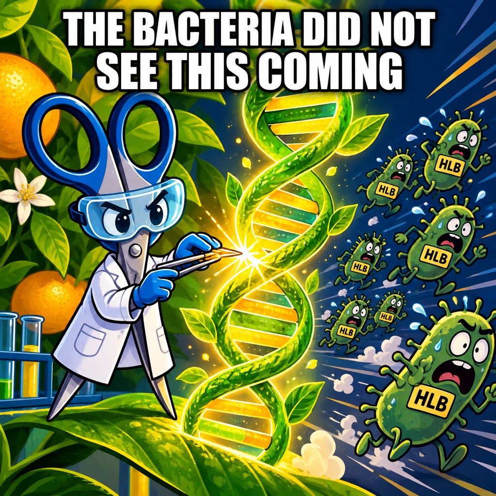 A tiny pair of CRISPR-scissors wearing a lab coat performs delicate surgery on a citrus rootstock's DNA helix while a swarm of cartoon HLB bacteria retreat in a panic