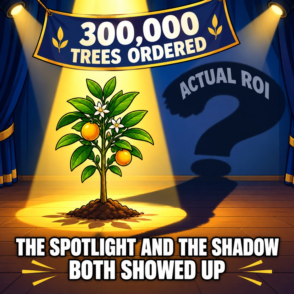 A single citrus sapling stands center stage under a spotlight labeled "300,000 TREES ORDERED" while a giant question-mark-shaped shadow labeled "ACTUAL ROI" looms behind it