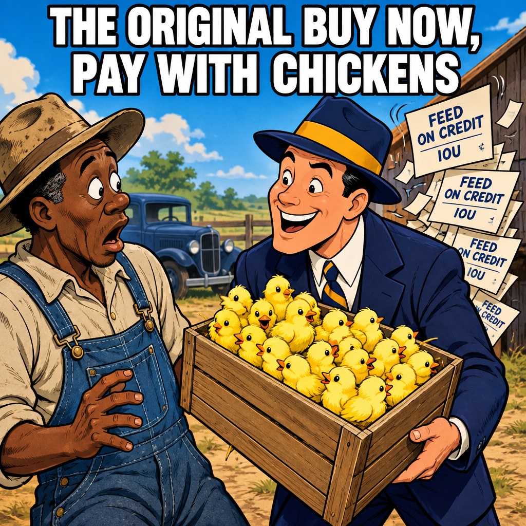 A Depression-era feed salesman hands a crate of cartoon baby chicks to an astonished farmer with IOU slips fluttering behind, captioned "THE ORIGINAL BUY NOW, PAY WITH CHICKENS"