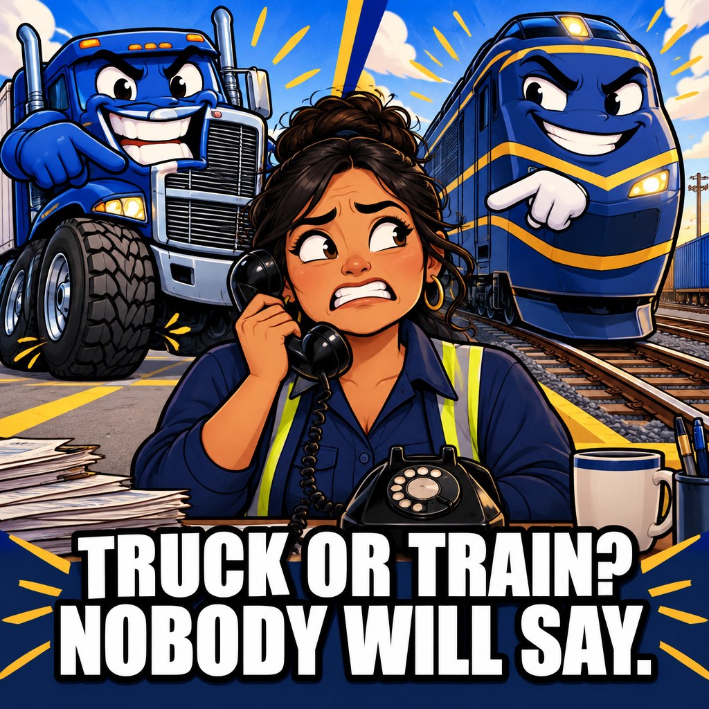 A stressed shipping manager holds a rotary phone while a cartoon truck and train both pose expectantly on either side of her, captioned "TRUCK OR TRAIN? NOBODY WILL SAY."