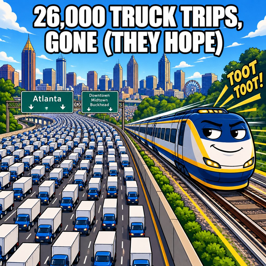 26,000 tiny identical truck icons crawl through Atlanta gridlock while a smug train zips past on an open rail line, captioned "26,000 TRUCK TRIPS, GONE (THEY HOPE)"