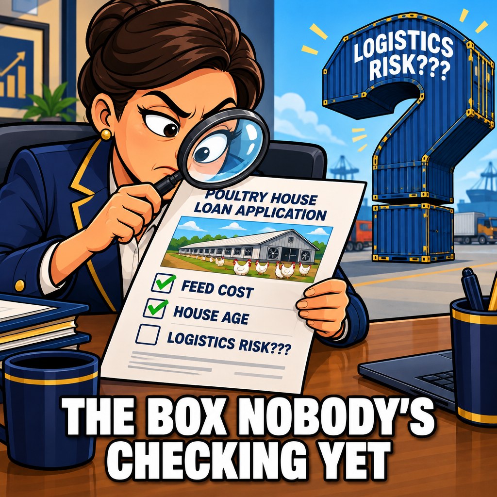A cartoon loan officer checks boxes for "FEED COST" and "HOUSE AGE" while a giant question-mark shipping container labeled "LOGISTICS RISK???" sits unchecked in the corner, captioned "THE BOX NOBODY'S CHECKING YET"