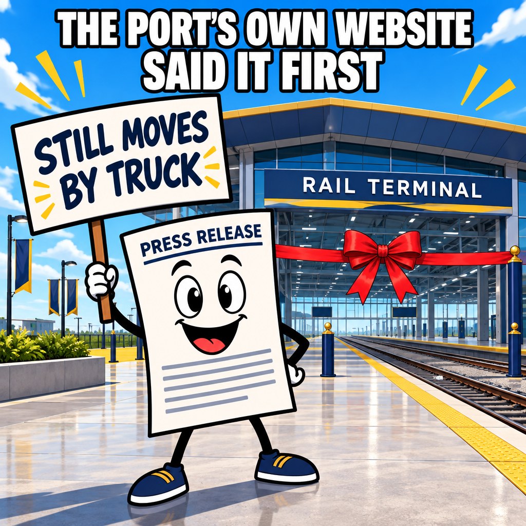 A tiny press-release character holds a sign reading "STILL MOVES BY TRUCK" standing in front of a gleaming, mostly-empty rail terminal with a giant ribbon-cutting bow still on it, captioned "THE PORT'S OWN WEBSITE SAID IT FIRST"