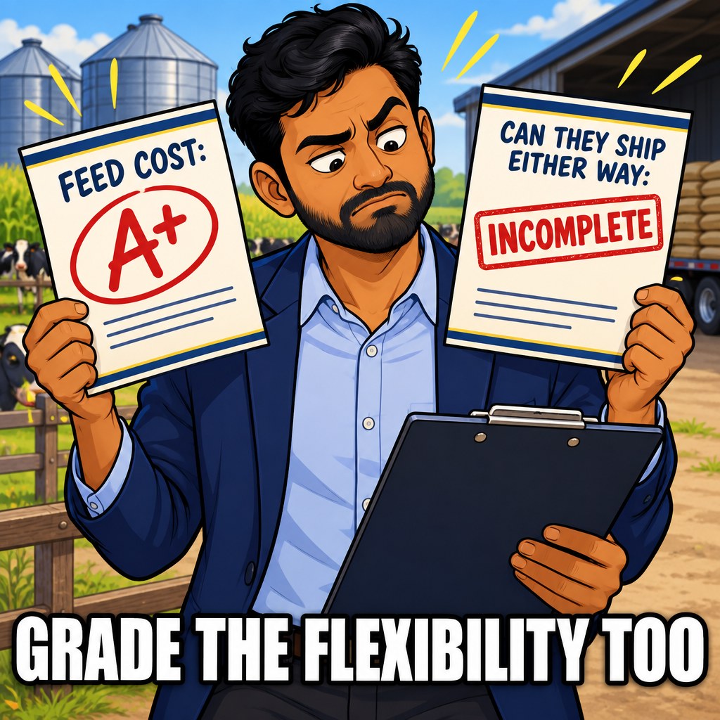 A lender holds up two report cards, "FEED COST: A+" and "CAN THEY SHIP EITHER WAY: INCOMPLETE," looking exasperated, captioned "GRADE THE FLEXIBILITY TOO"