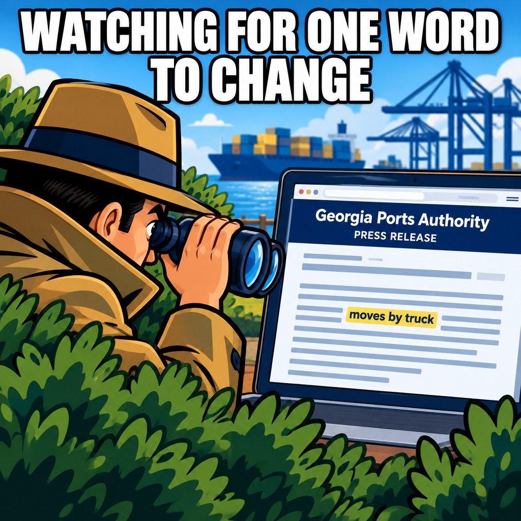 A cartoon detective stakes out a port-authority press release from behind a bush, binoculars trained on the phrase "moves by truck," waiting for it to change, captioned "WATCHING FOR ONE WORD TO CHANGE"