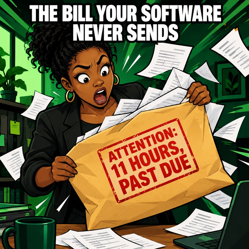 A cartoon owner opening a giant invoice envelope that reads 'ATTENTION: 11 HOURS, PAST DUE'