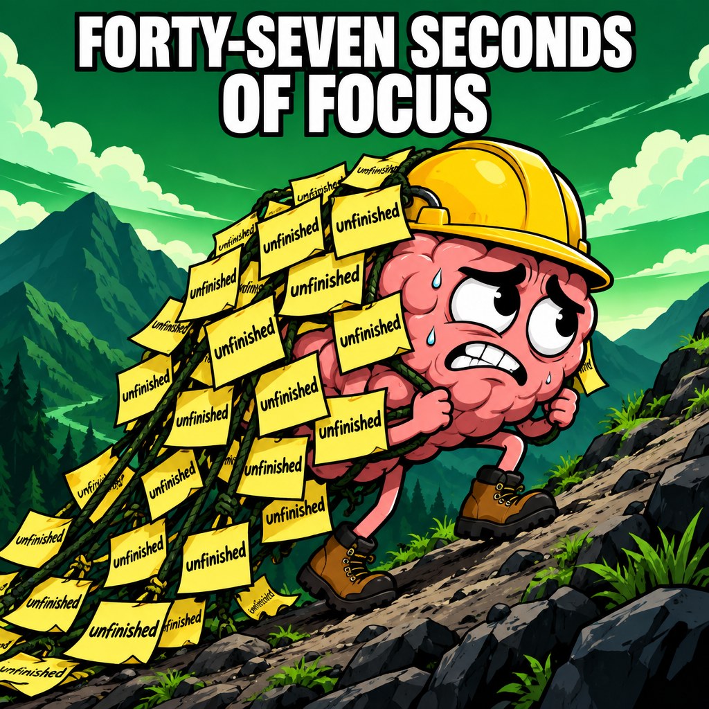 A cartoon brain wearing a hard hat with dozens of sticky notes stuck to it, each saying 'unfinished', slowing it down like weights