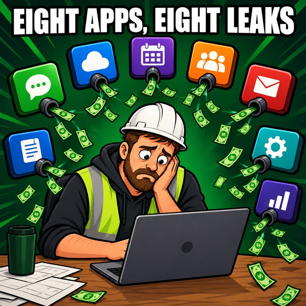 A cartoon owner watching dollar bills float away from a laptop surrounded by eight app icons, each with a tiny drain pipe
