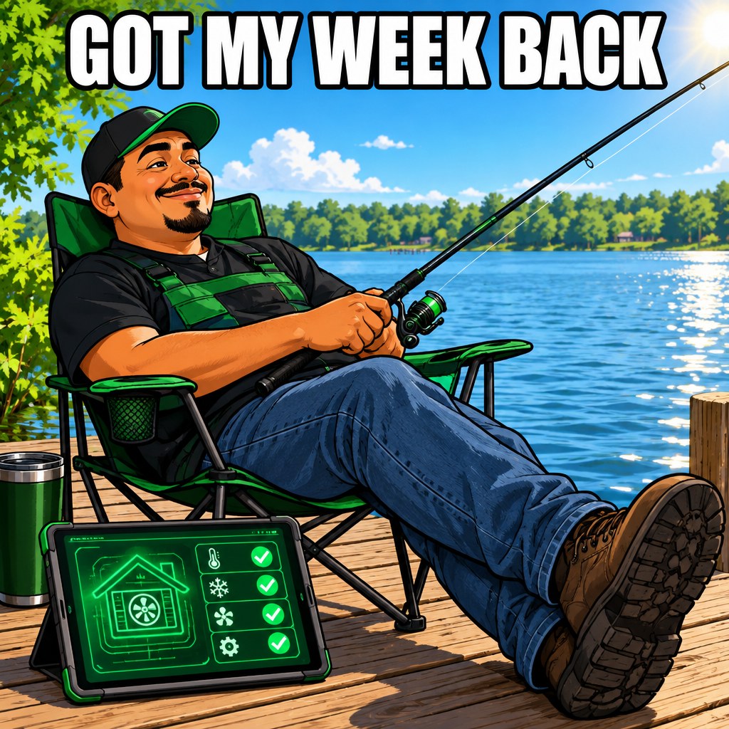 A cartoon owner fishing peacefully off a dock on a weekday afternoon while a glowing cockpit on a tablet beside him shows everything on track