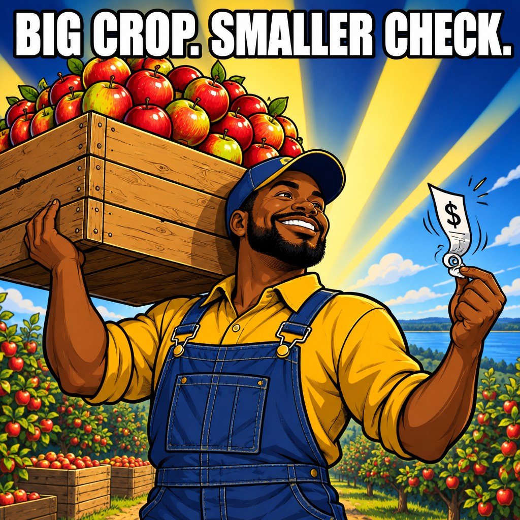 A farmer holds up a giant crate of apples like a trophy in one hand and a tiny shrinking paycheck in the other