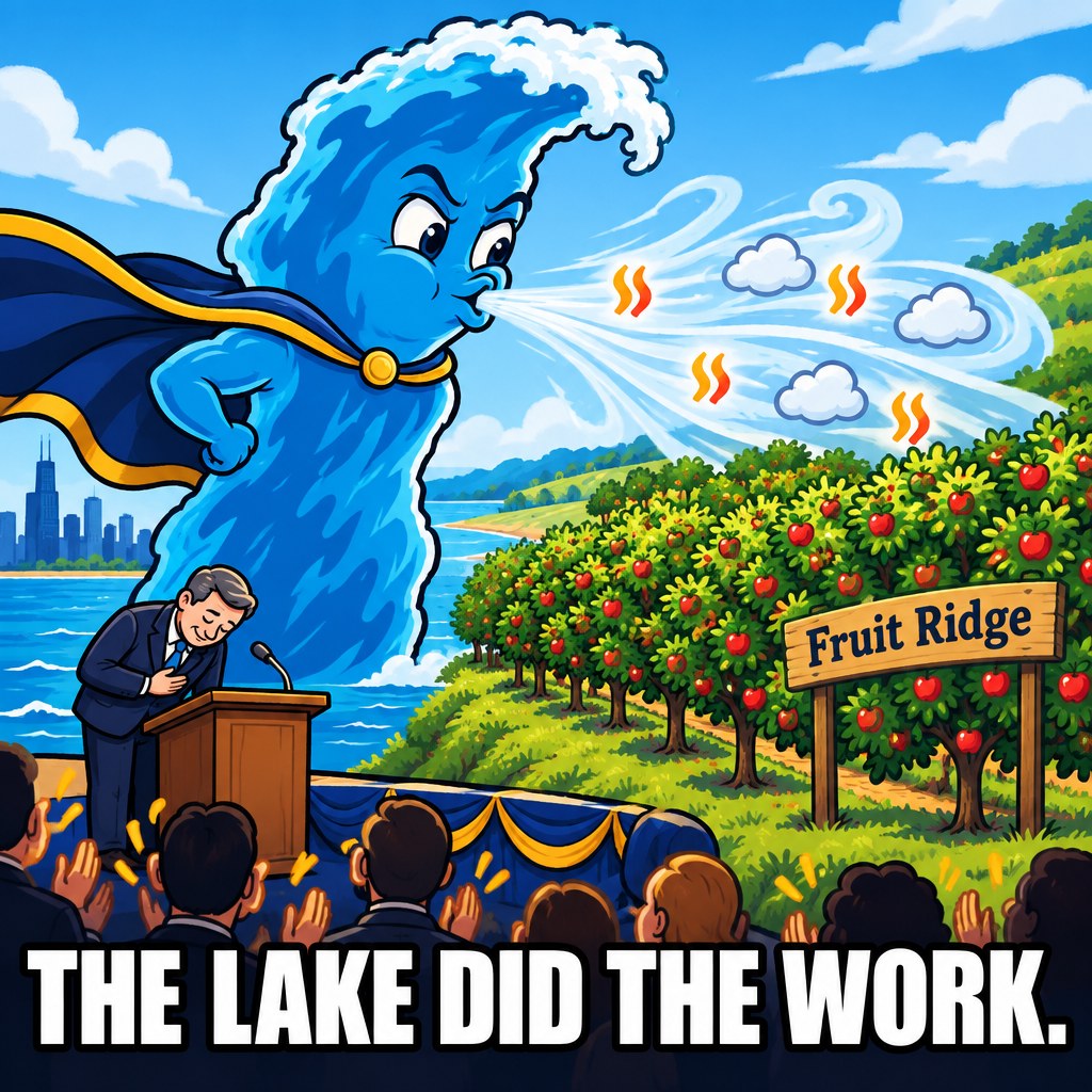 A cartoon Lake Michigan wearing a superhero cape blows wind onto an orchard while a tiny suited committee figure takes a bow at a podium for the credit
