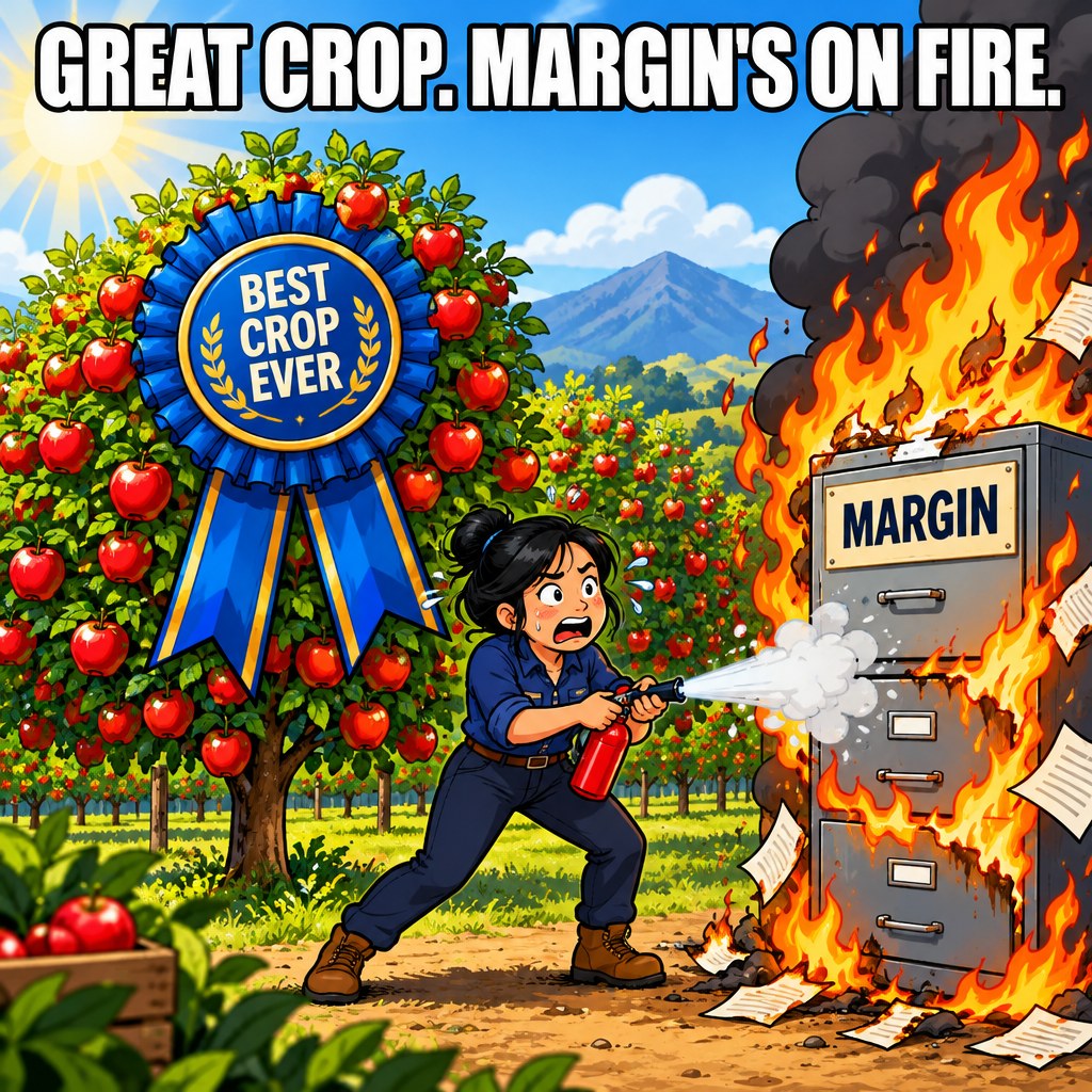 A glowing apple orchard wears a trophy ribbon reading Best Crop Ever while a filing cabinet labeled Margin burns next to it