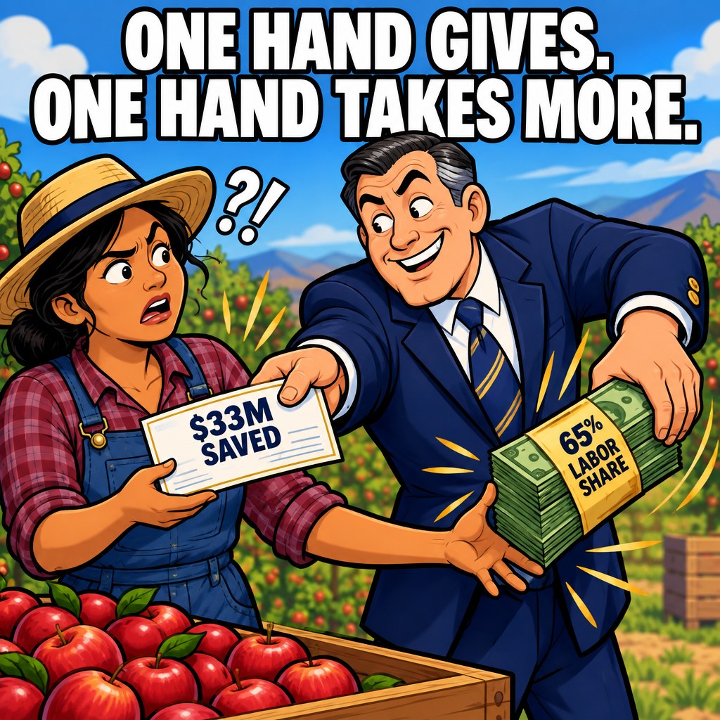 A two-armed bureaucrat hands a grower a check labeled $33M saved while the other arm simultaneously snatches away a bigger stack labeled 65% labor share