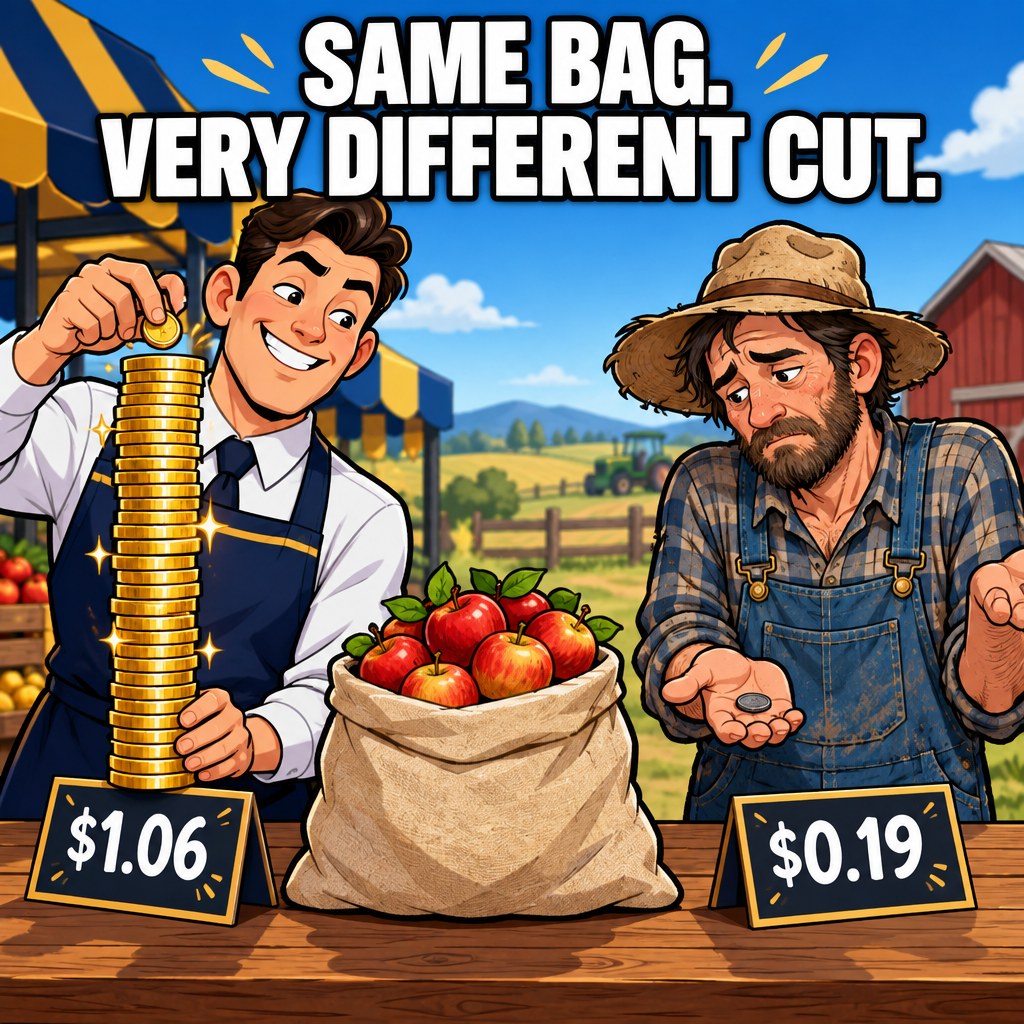 A retailer stacks a tall tower of gold coins labeled $1.06 next to a farmer holding a single tiny dull coin labeled $0.19, both looking at the same bag of apples