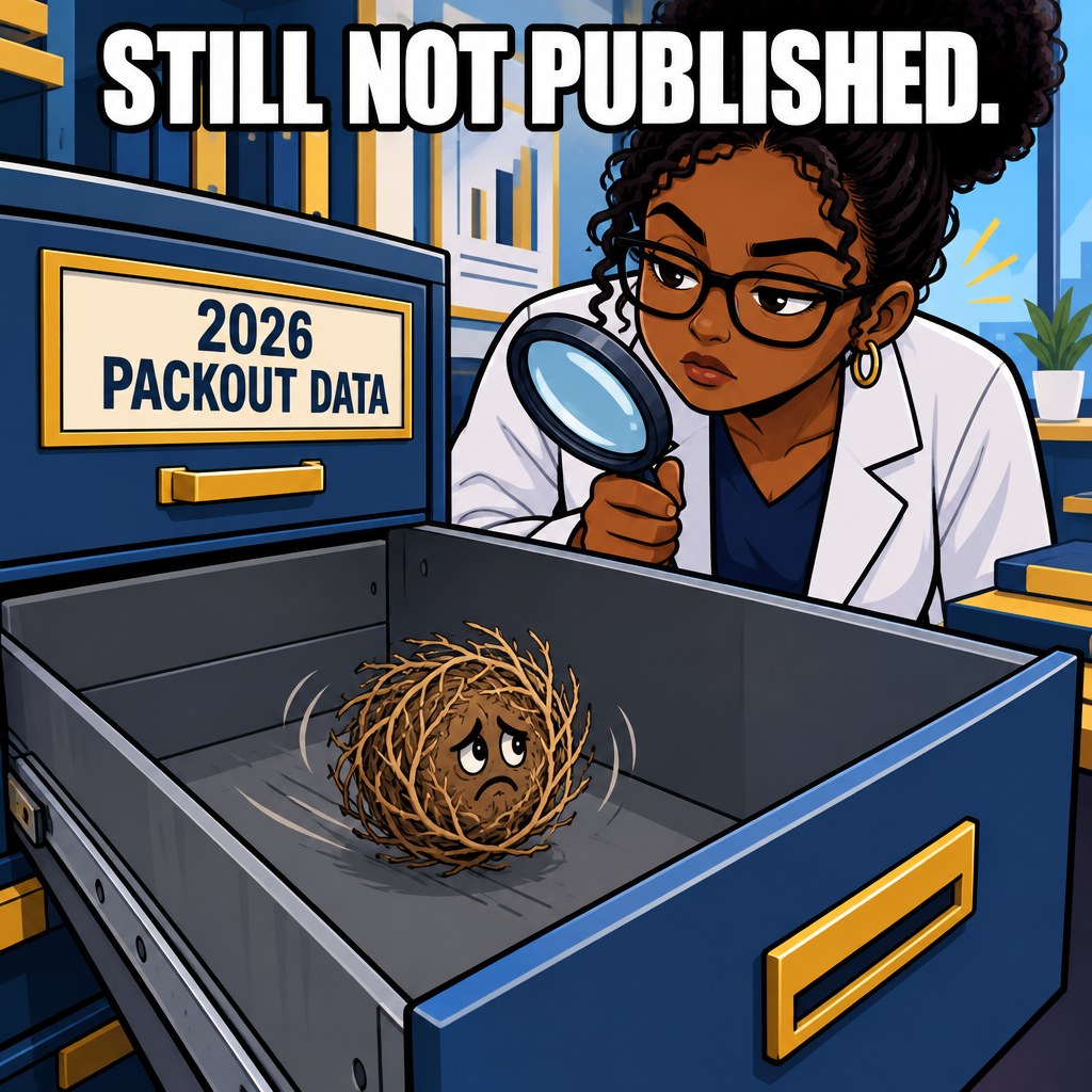 A filing cabinet drawer labeled 2026 Packout Data sits empty except for a tumbleweed while a researcher peers in with a magnifying glass and a deadpan expression