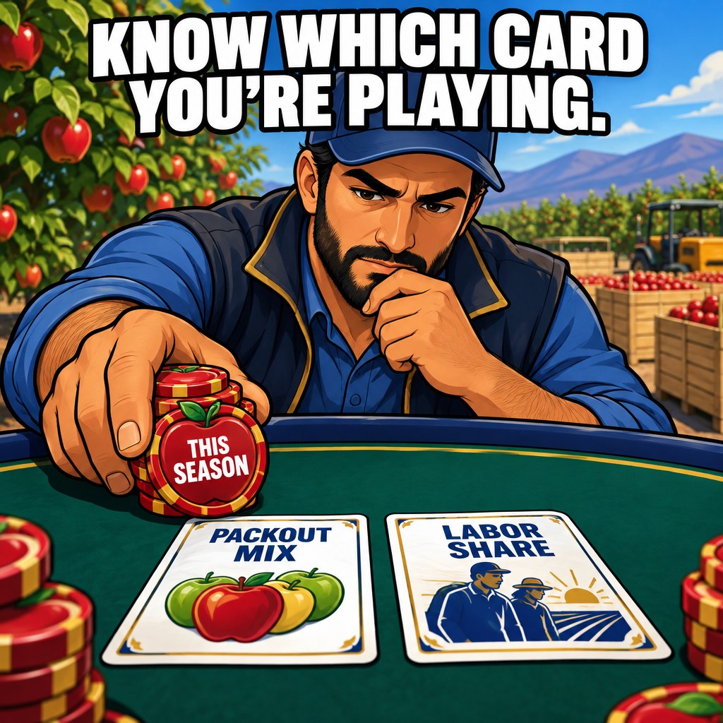 A grower at a poker table pushes apple-shaped chips labeled this season toward two face-up cards marked Packout Mix and Labor Share