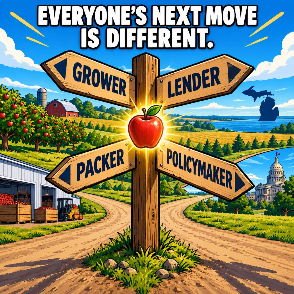 A Michigan rural crossroads with four signposts reading Grower, Lender, Packer, and Policymaker, a single glowing apple sitting at the center of the intersection