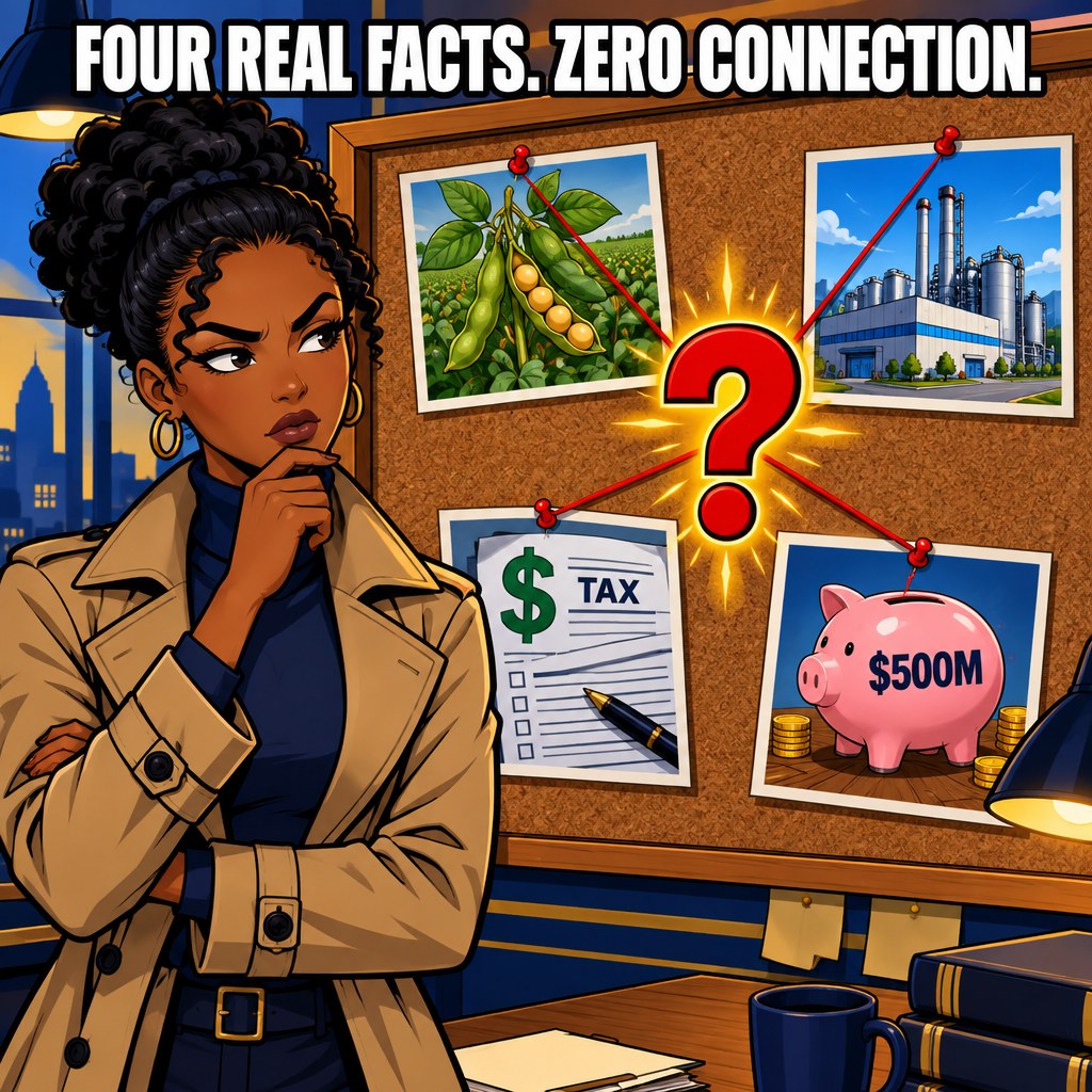 A detective examines a corkboard with four pinned photos of a soybean plant, a factory, a tax form, and a piggy bank, all connected by string to one giant question mark