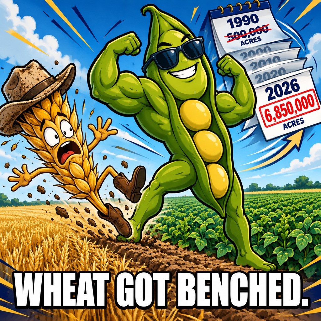 A muscular soybean pod mascot flexes and shoves a shocked wheat stalk mascot off a field while a calendar flips from 1990 to 2026