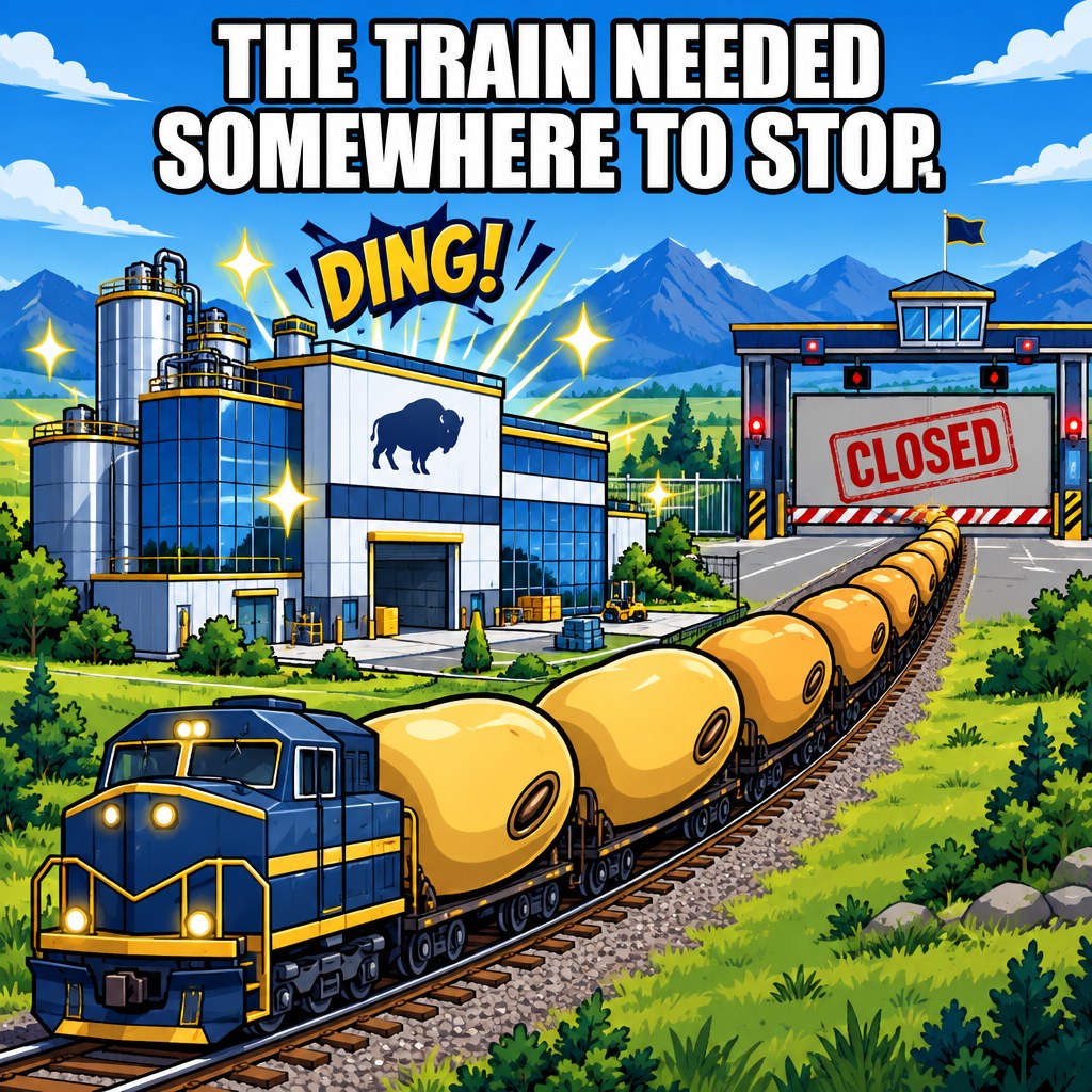 A long train of soybean-shaped train cars approaches a border checkpoint gate slamming shut, while a shiny new factory pops up next to the tracks with sparkles