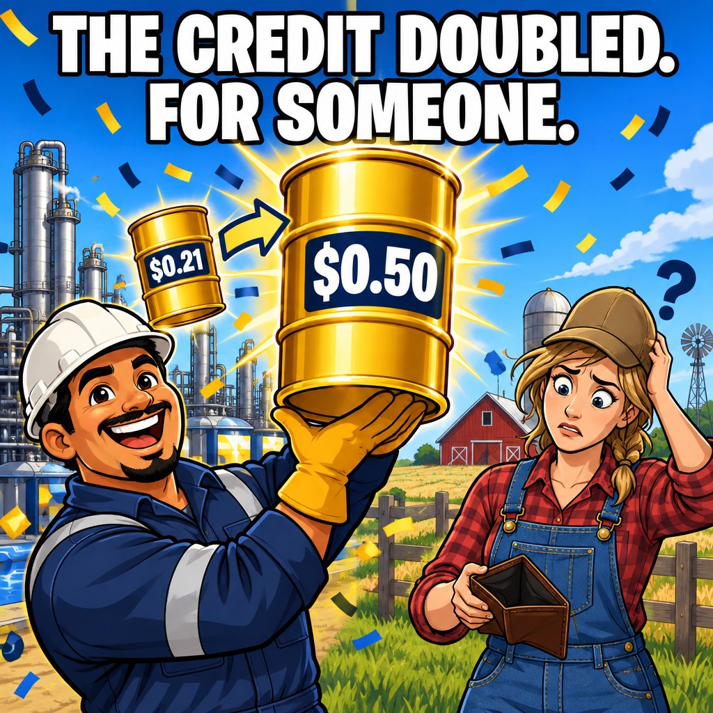 A cheerful refinery worker celebrates a fuel barrel doubling from $0.21 to $0.50 with confetti while a confused farmer looks at her unchanged wallet