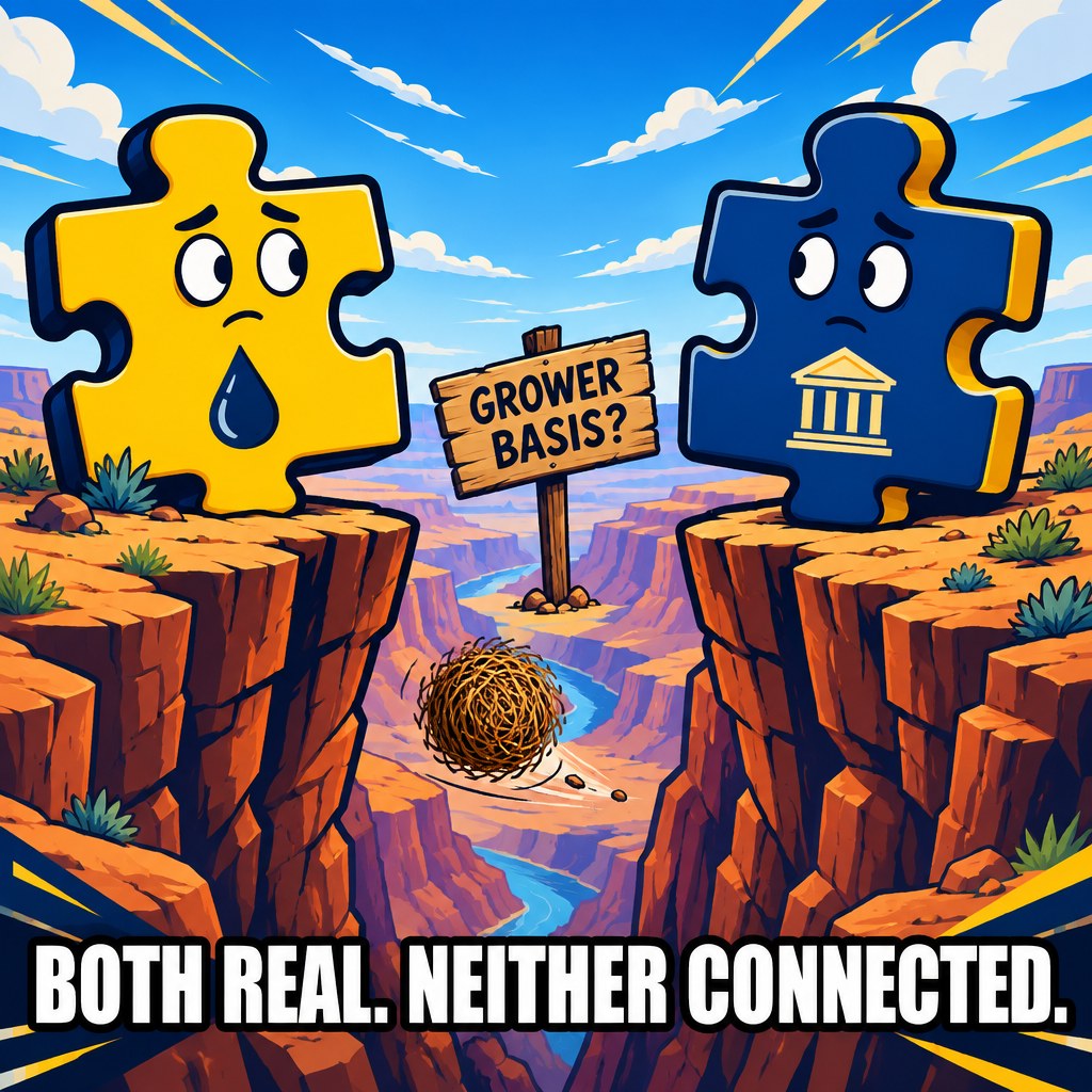 Two jigsaw puzzle pieces labeled with a fuel icon and a bank icon float on opposite sides of a canyon gap with a signpost reading GROWER BASIS
