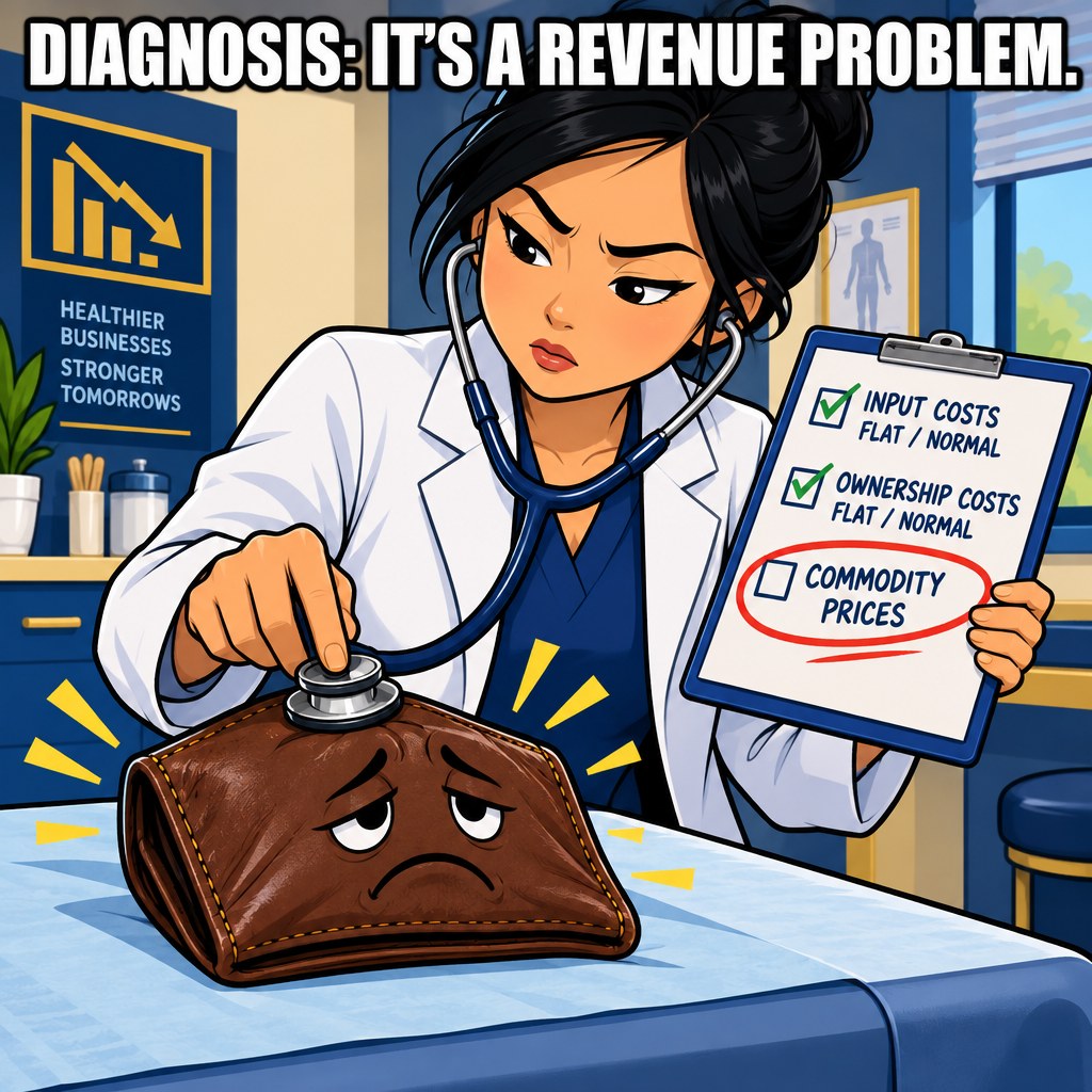 A doctor presses a stethoscope against a sad deflated wallet on an exam table, a clipboard checklist circling commodity prices in red