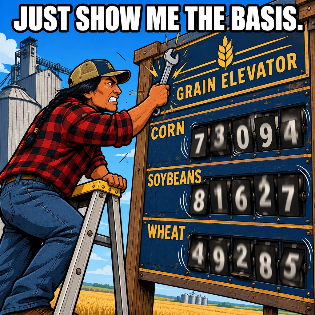 A determined grower bangs on a giant grain elevator price board with a wrench while the flip-numbers spin in confusion