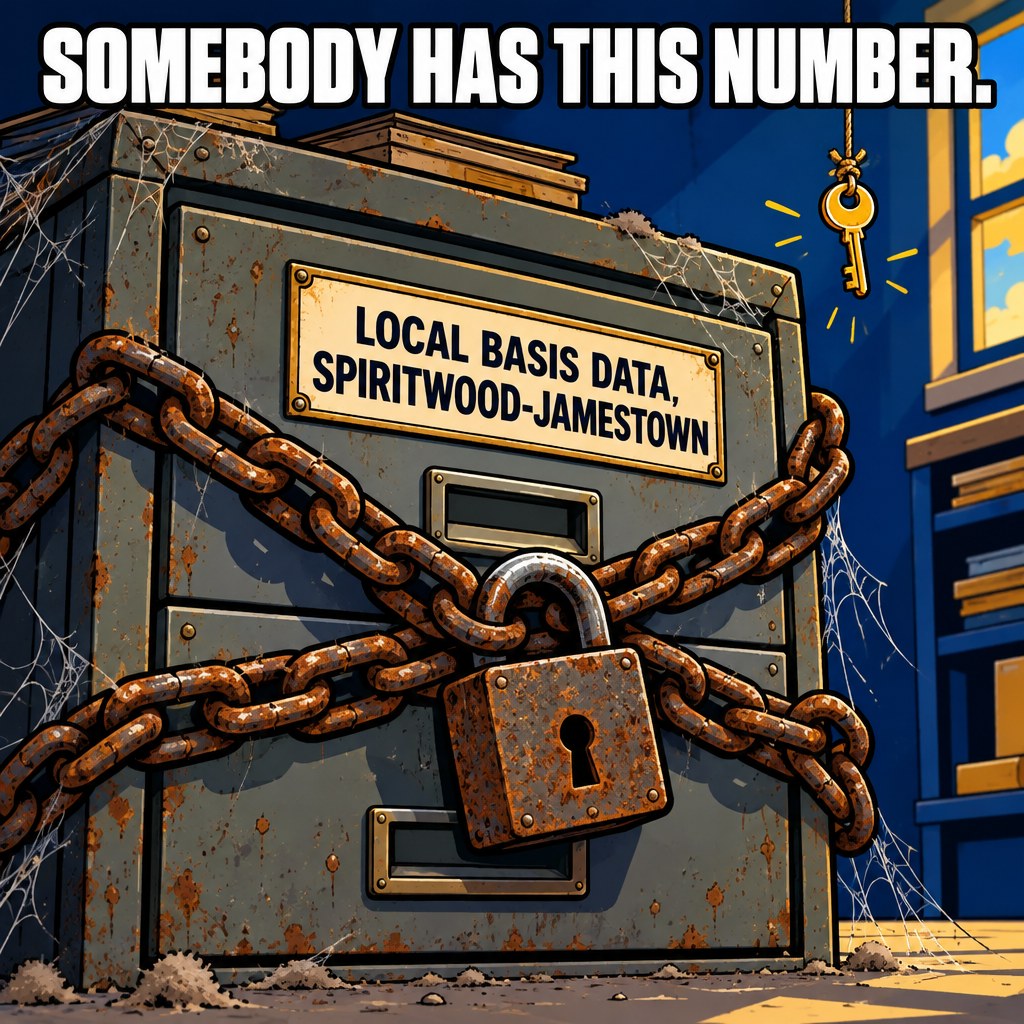 A rusty steel filing cabinet drawer labeled LOCAL BASIS DATA is wrapped in chains and a padlock, a tiny key dangling just out of reach