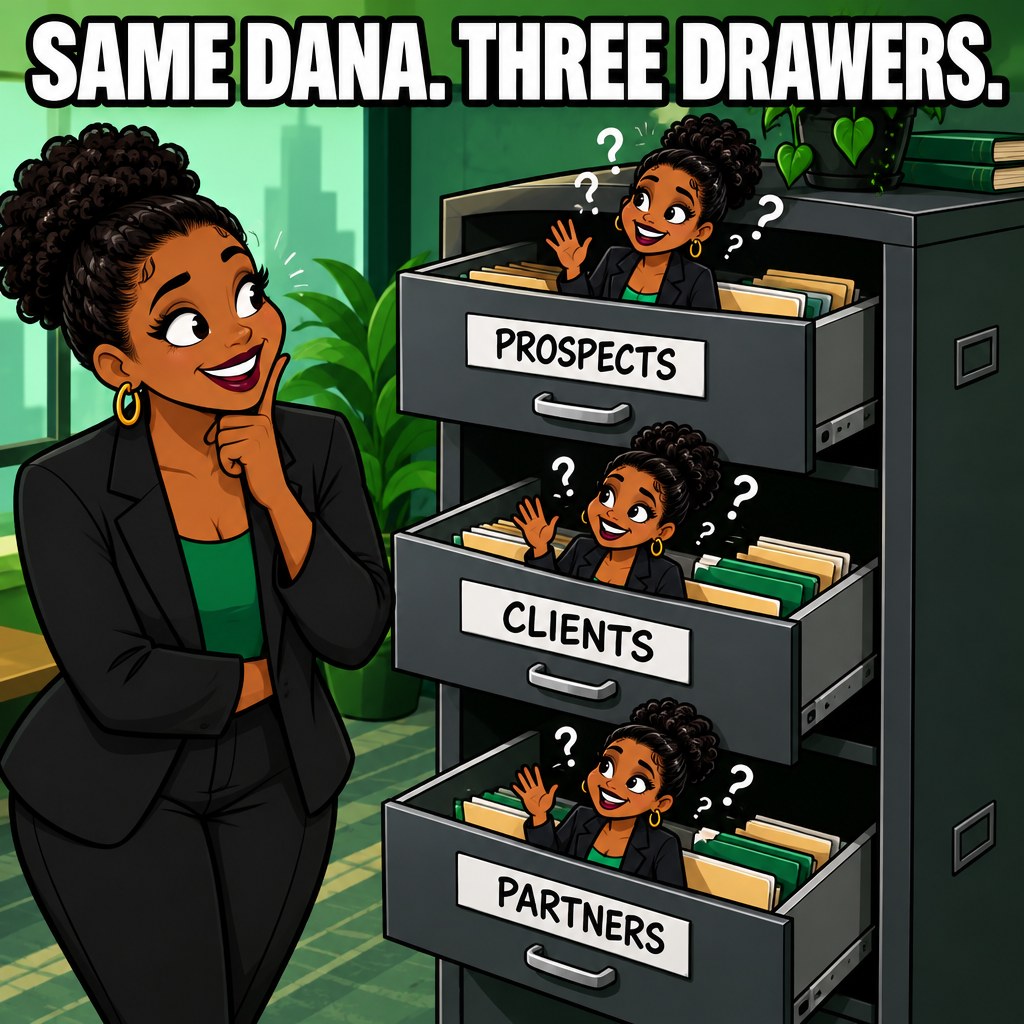 A cartoon filing cabinet with three drawers labeled Prospects, Clients, Partners, each containing a confused copy of the same smiling woman
