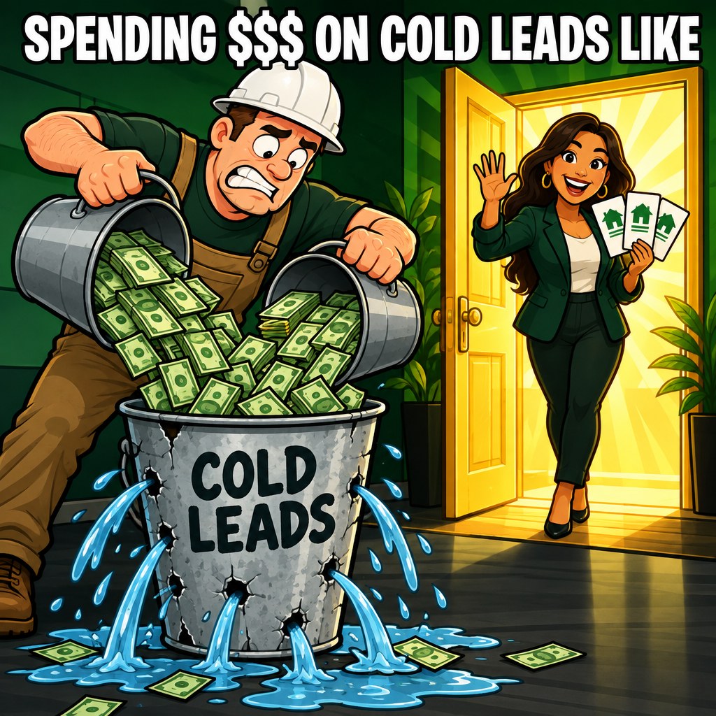 A cartoon contractor pouring money into a leaky 'cold leads' bucket while a happy referral partner waves from a golden door he walks right past